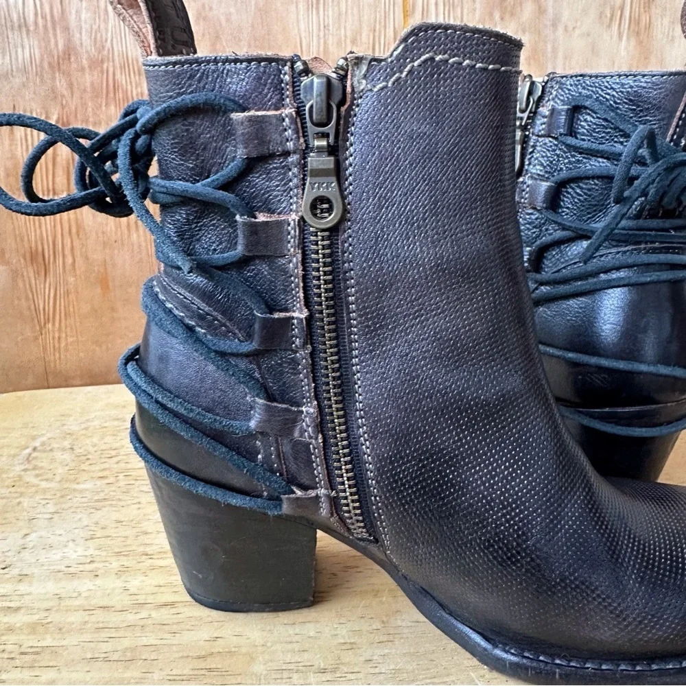Bed Stu Blaire Heeled Black Ankle Boot Side Zip Lace Up Detail Cobbler Series